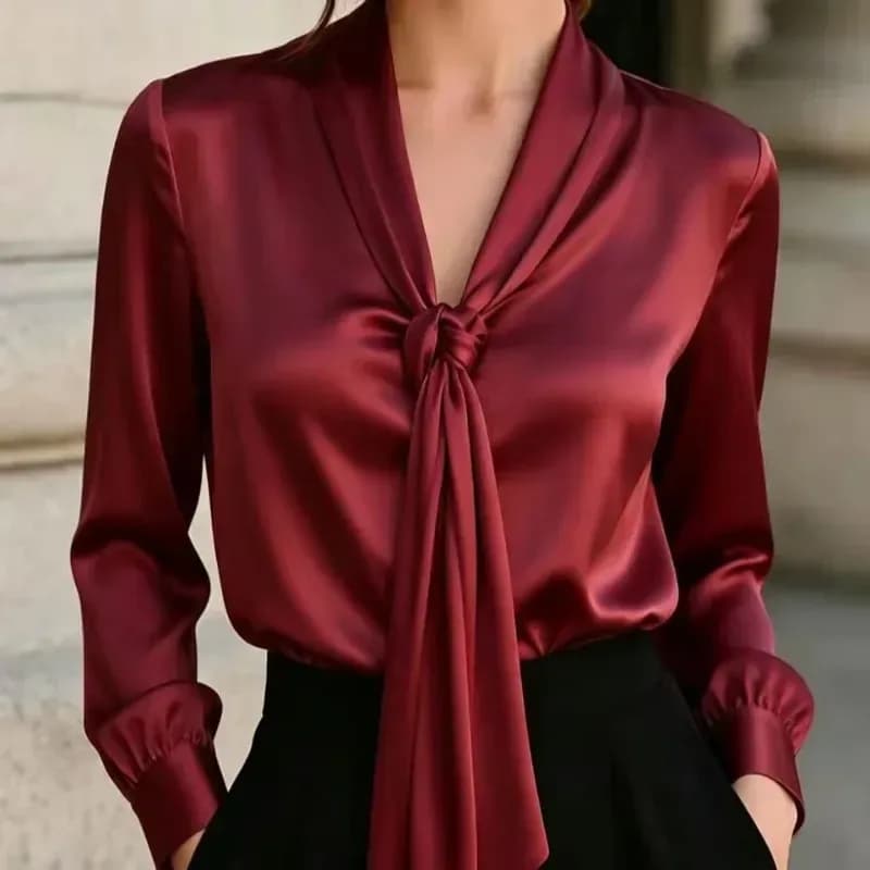 burgundy satin V neck blouse with long scarf tie