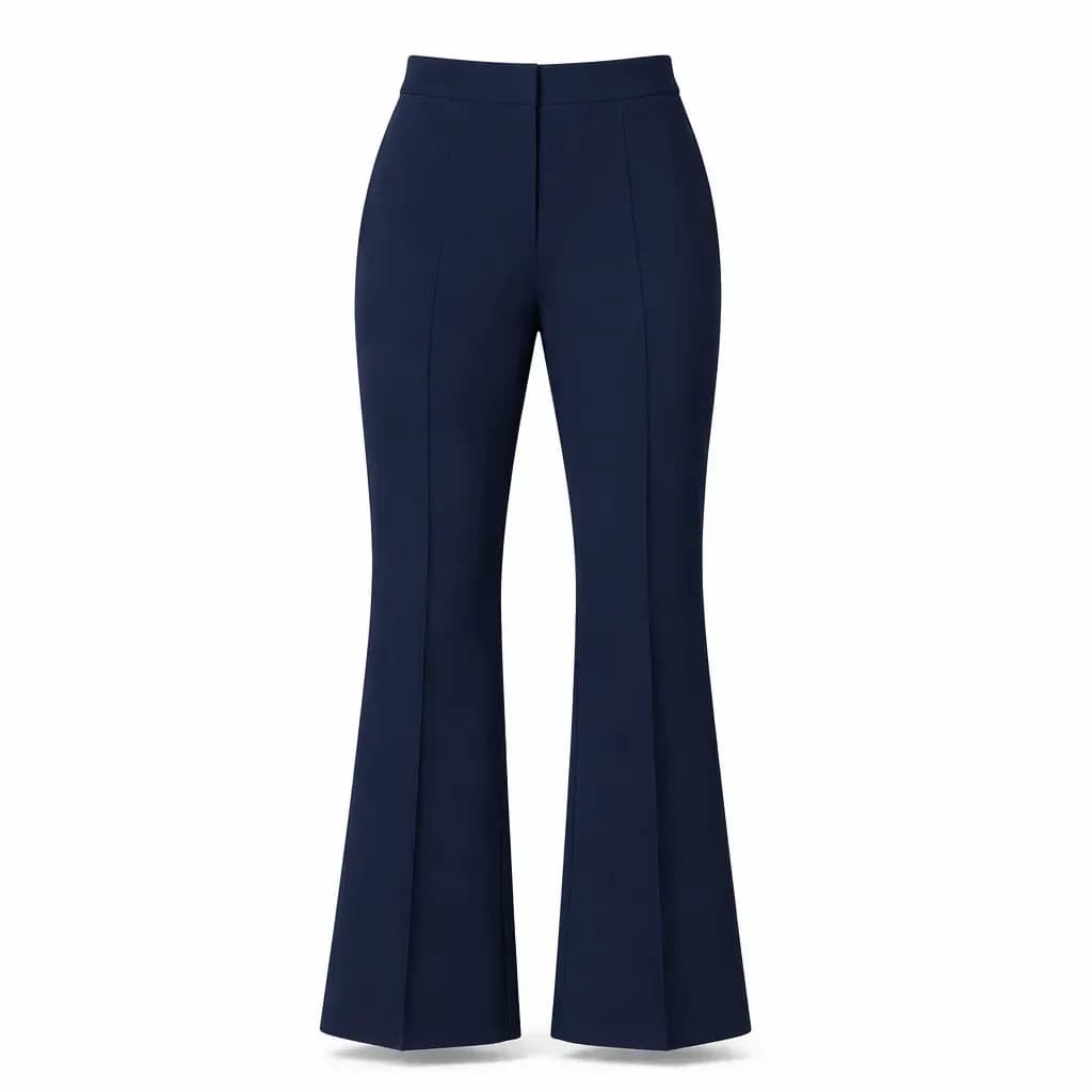 navy high waisted flare pants with pressed crease