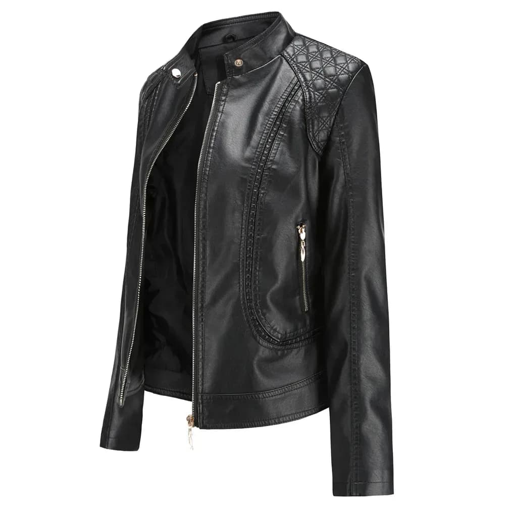 side view of the black faux leather jacket showing the zip pocket