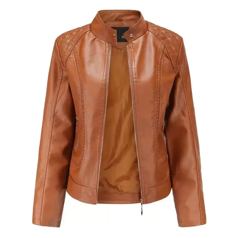 brown women's faux leather jacket with full zip