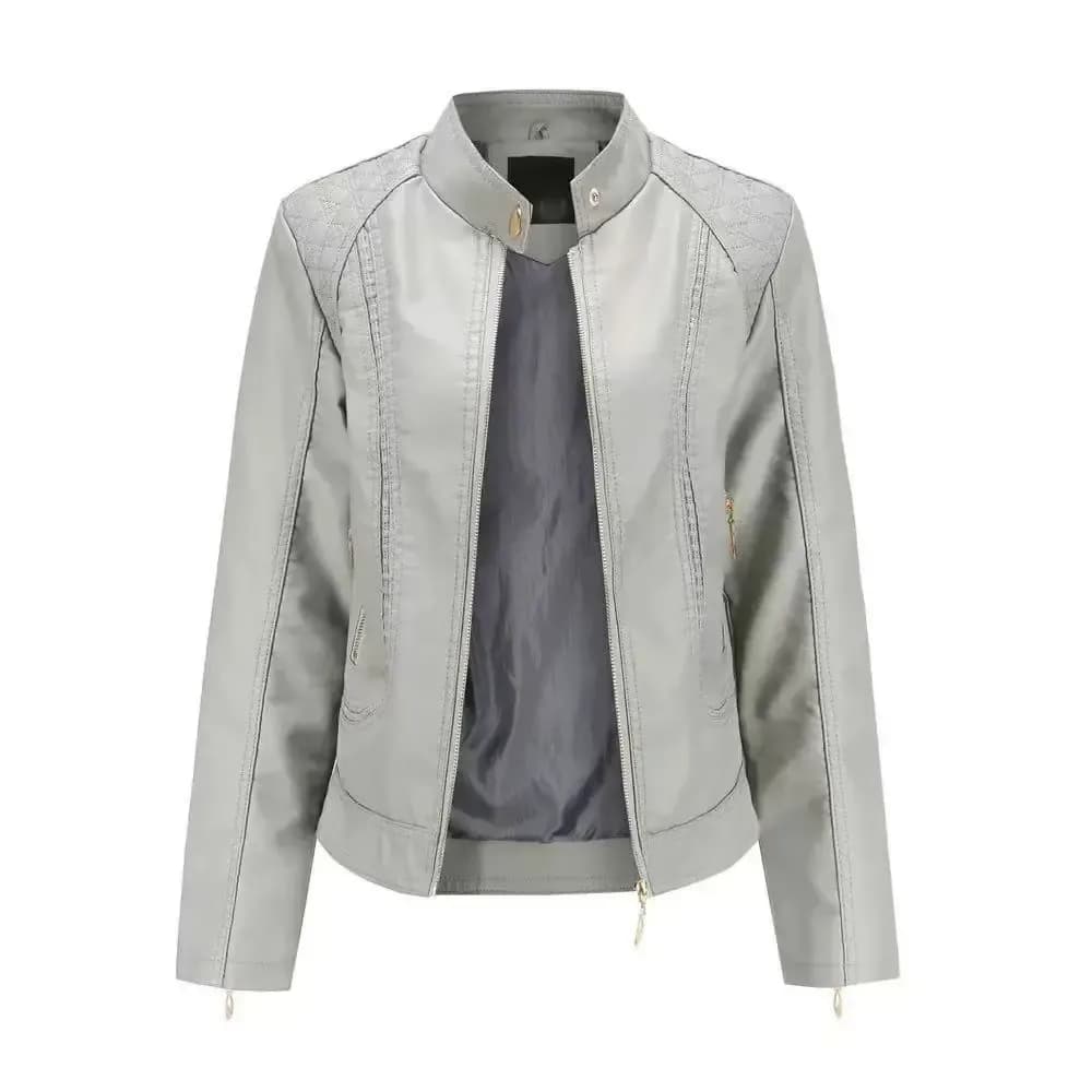 grey women's faux leather jacket with stand collar