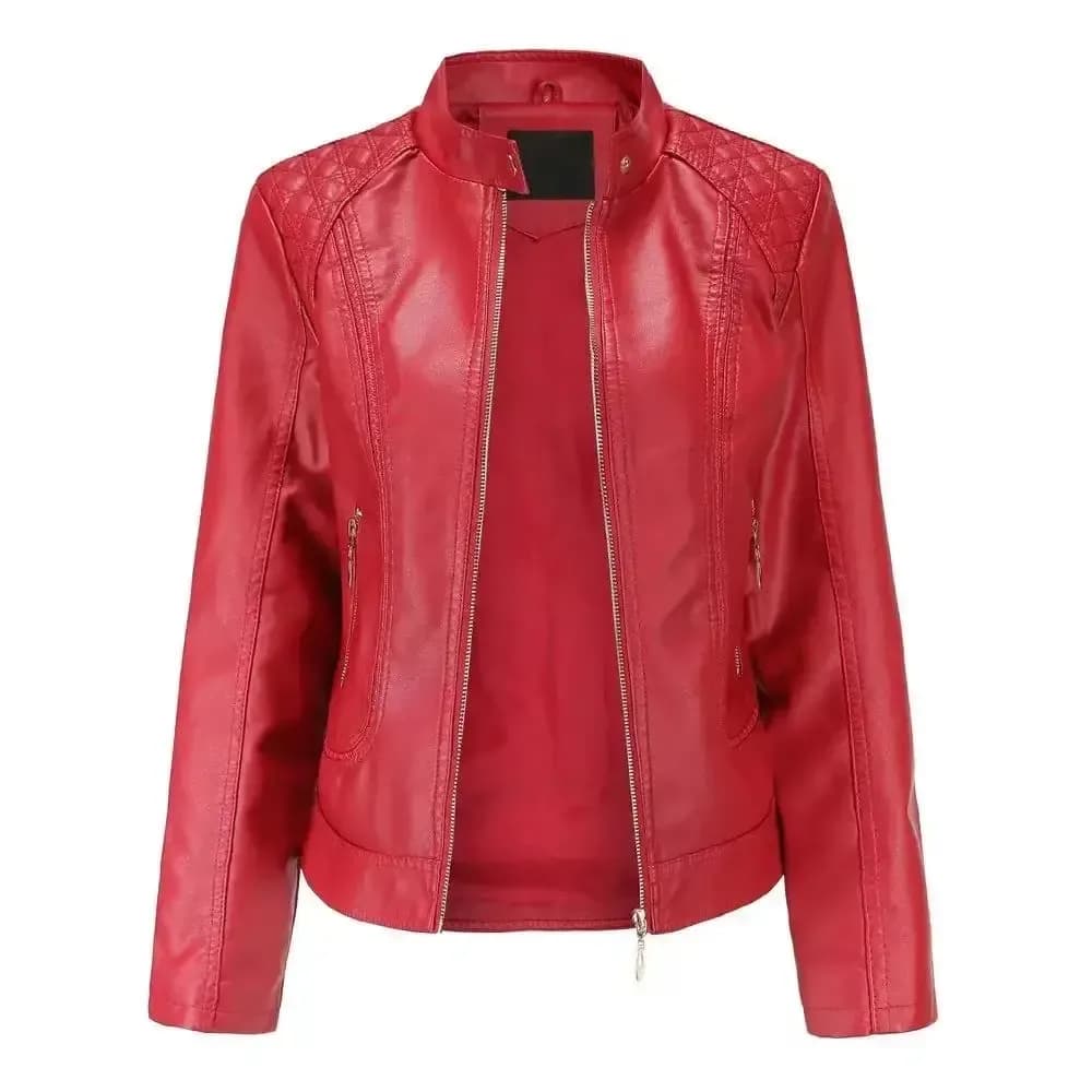 red women's faux leather jacket with quilted shoulders