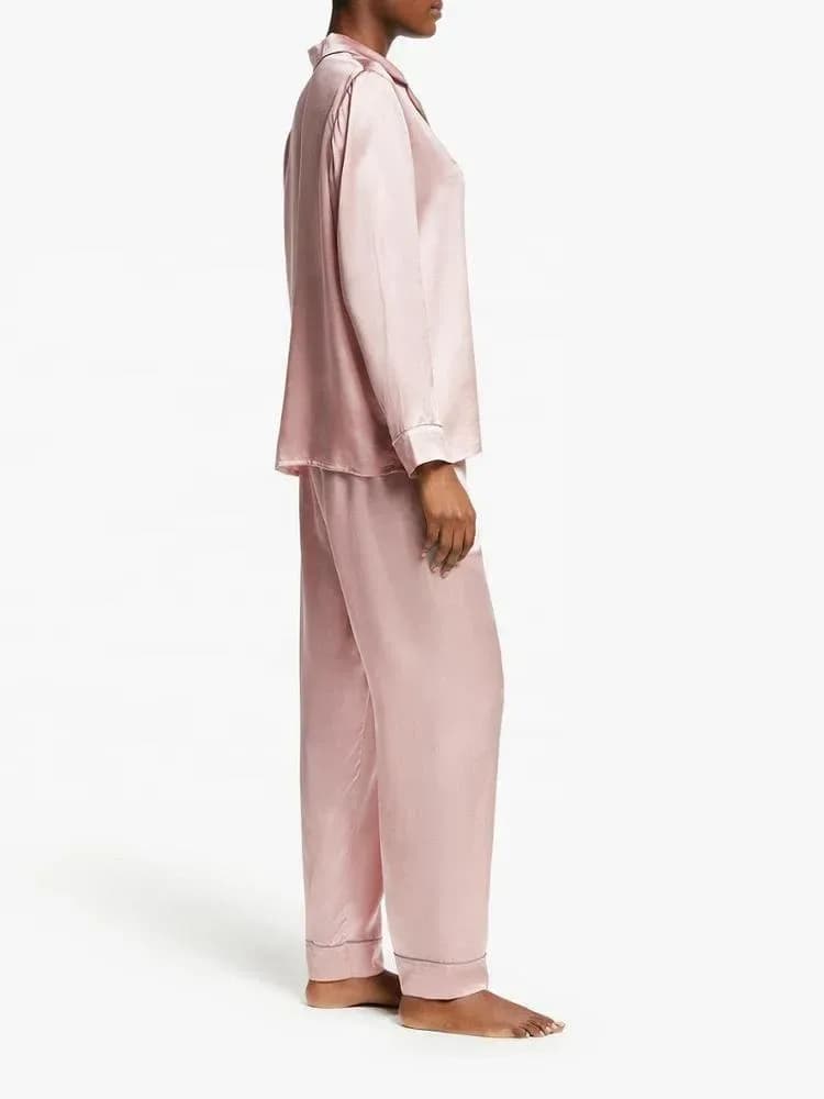 side view of the blush pink satin pajama set