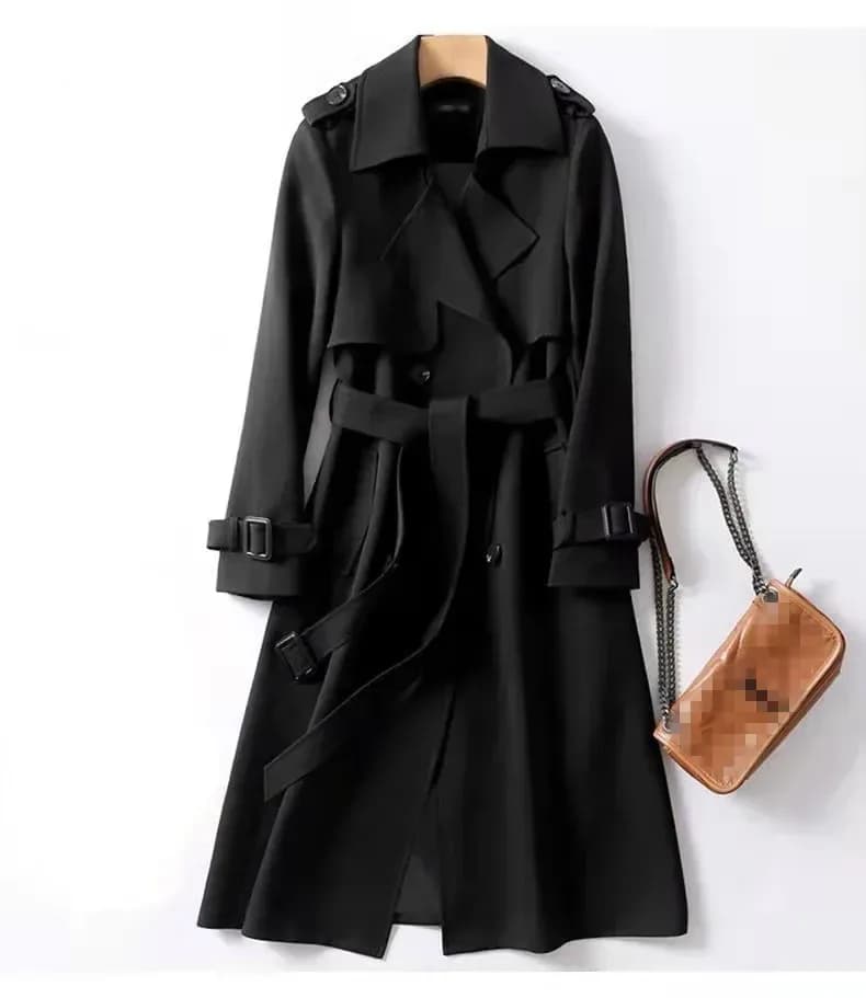 black long belted trench coat with epaulettes