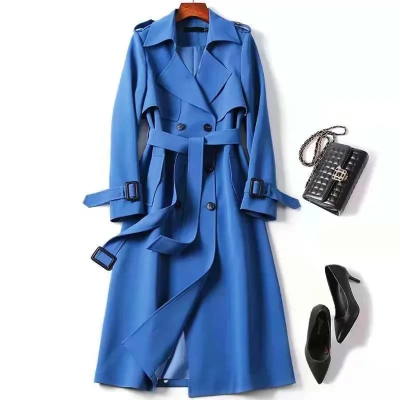blue long belted trench coat with tie belt