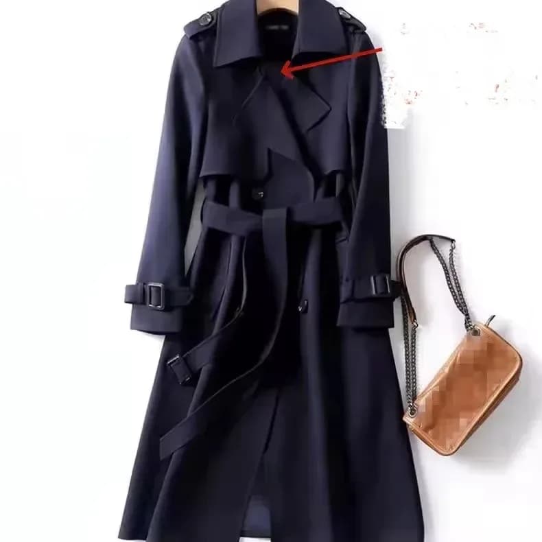 navy long belted trench coat with turn-down collar