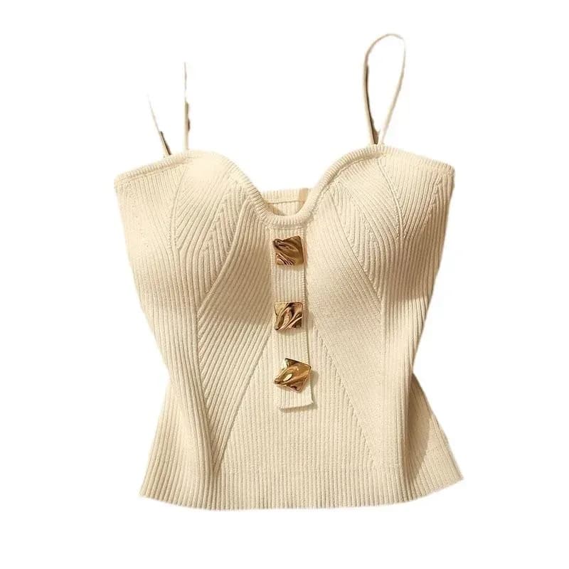 rib knit cami top with thin straps and gold button detail on white