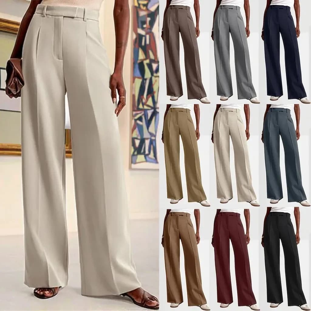 beige high waist wide leg office trousers styled with a clutch and sandals
