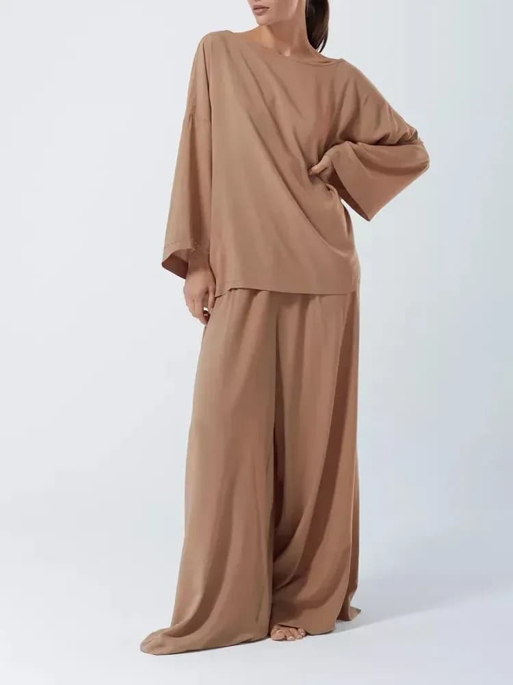 khaki oversized top and wide leg pants lounge set, full length