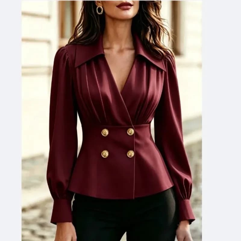 women's V-neck pleated blouse with fitted waist in burgundy