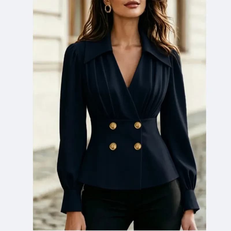 women's V-neck pleated blouse with fitted waist in navy