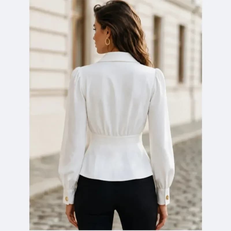 back view of a white V-neck pleated blouse with fitted waist