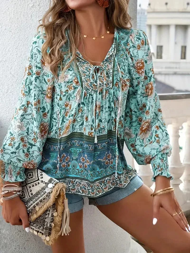 boho floral print blouse in aqua