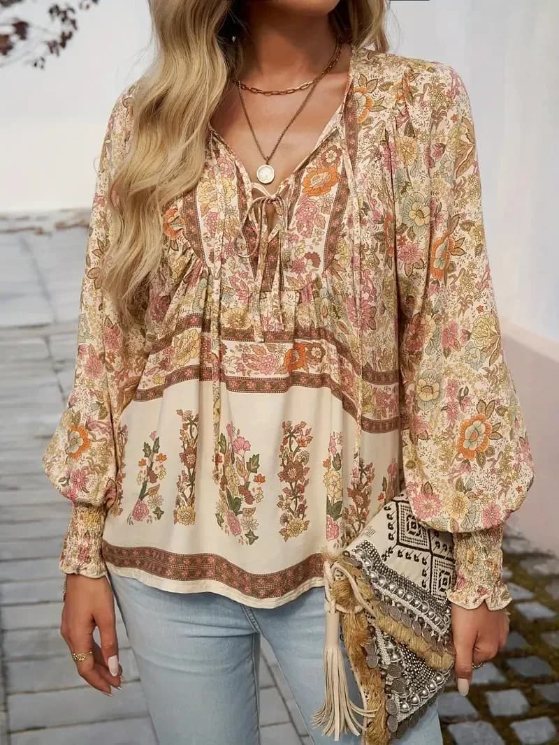 boho floral print blouse in khaki with cream border