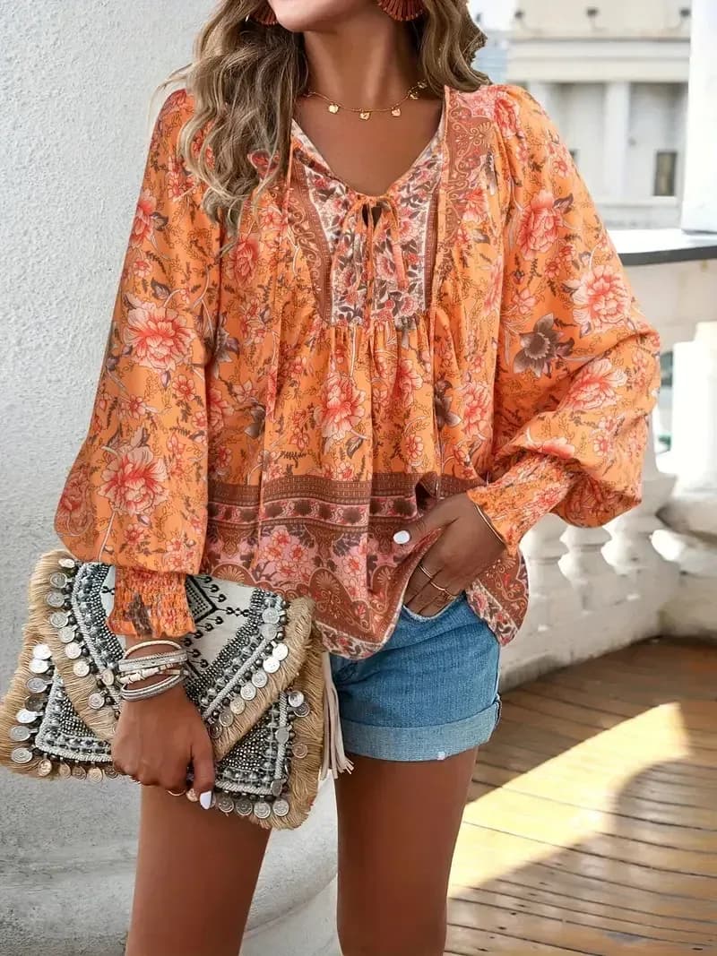 boho floral print blouse in orange