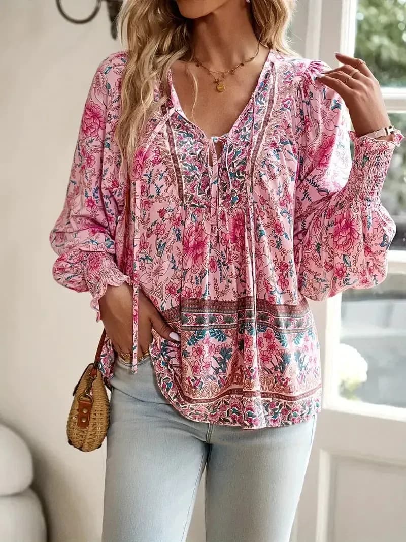 boho floral print blouse in pink
