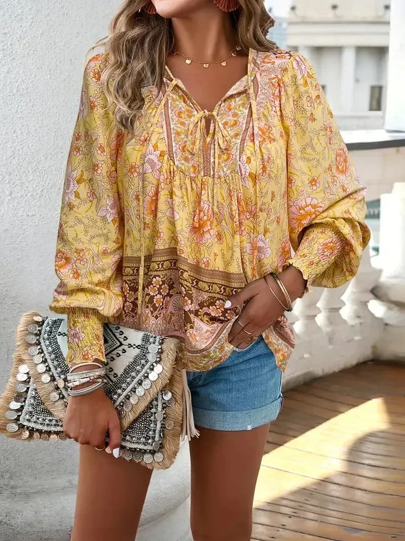 boho floral print blouse in yellow
