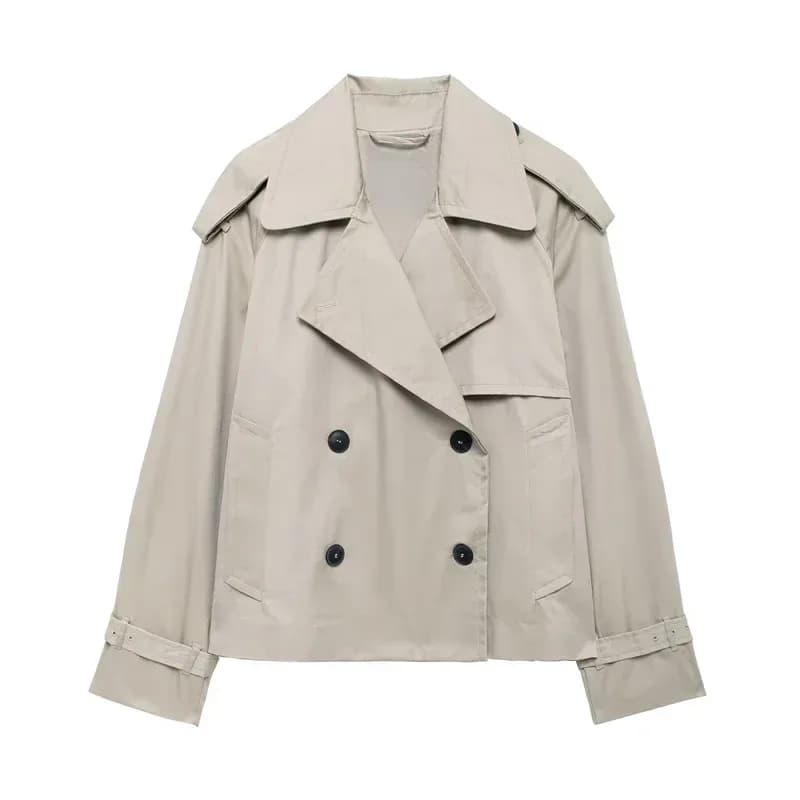 khaki cropped trench jacket with double breasted front