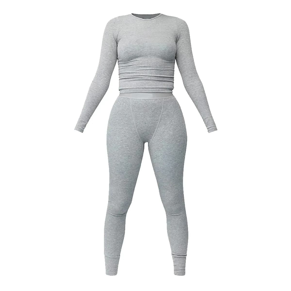 grey ribbed cotton loungewear set with long sleeve top and leggings
