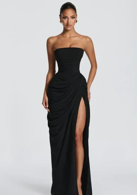 strapless corset maxi dress in black