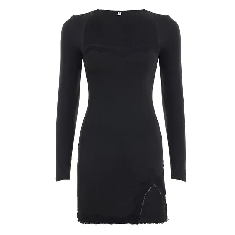 black square neck long sleeve mini dress laid flat