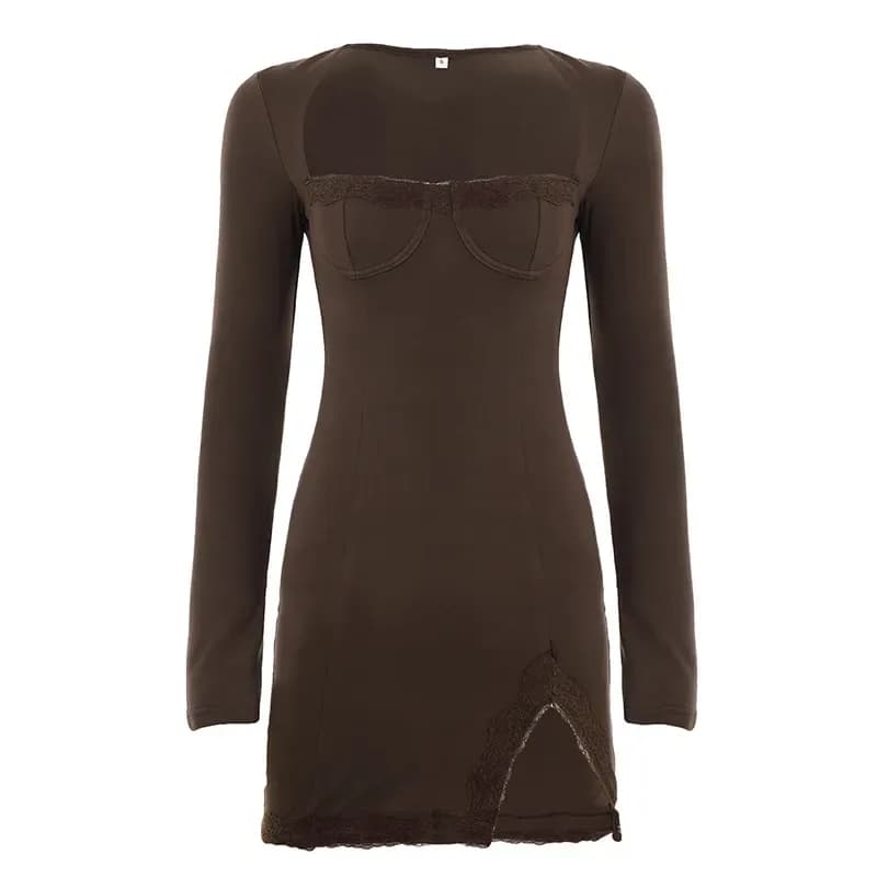 brown square neck long sleeve mini dress laid flat