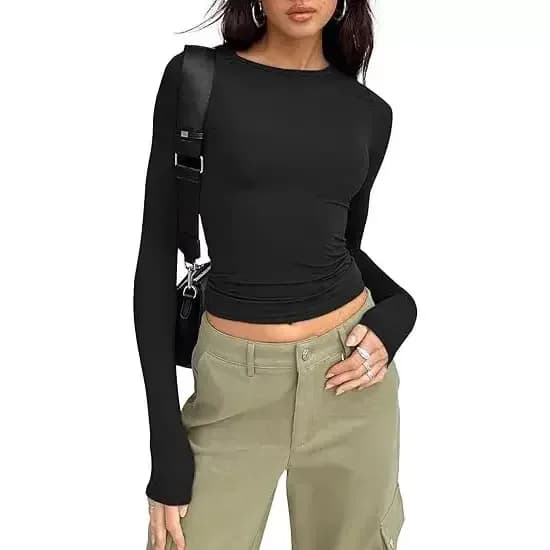 fitted long sleeve crew neck crop top in black