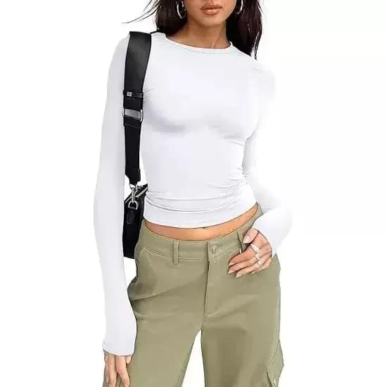 fitted long sleeve crew neck crop top in white