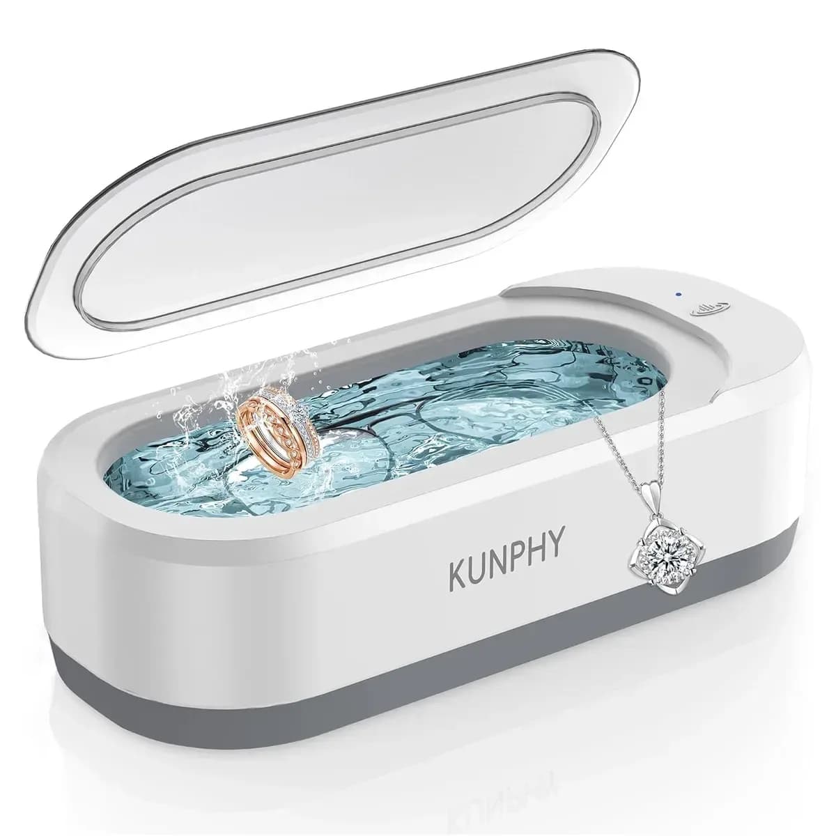 white ultrasonic jewelry cleaner with a necklace inside