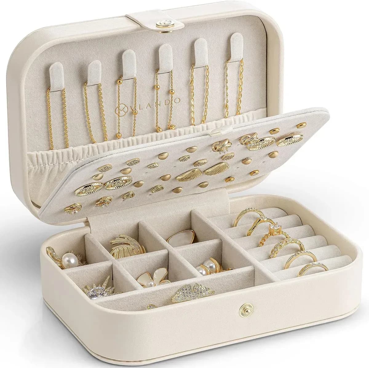 open two-layer travel jewelry case with rings and earrings