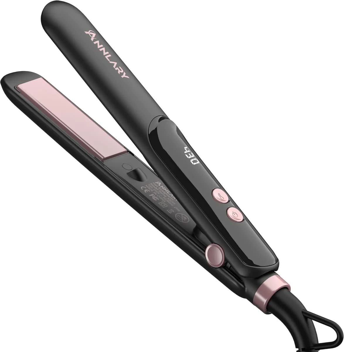 mini hair straightener in obsidian black with pink plates
