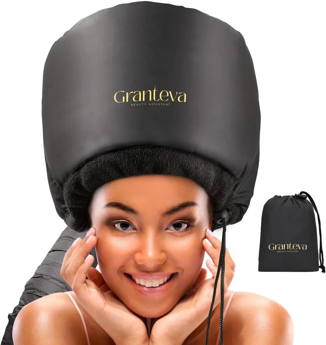 hooded hair dryer attachment satin bonnet in black with storage bag