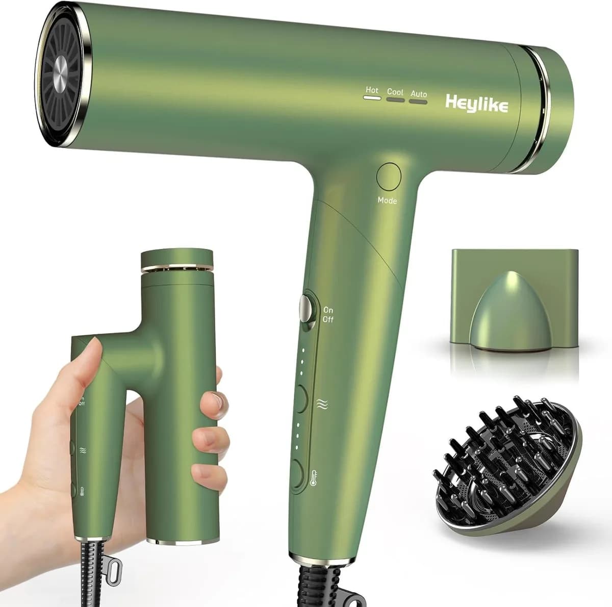foldable ionic hair dryer in green with concentrator and diffuser