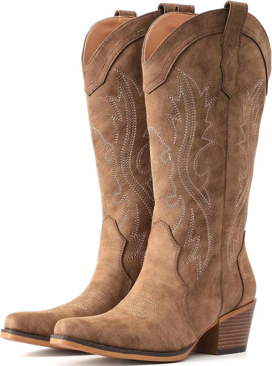 brown embroidered cowboy boots for women, mid calf with snip toe