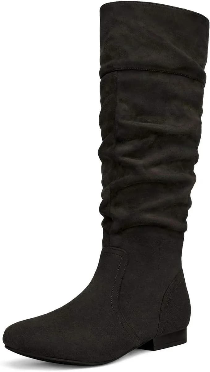 black slouchy knee high boots for women with ruched shaft and low heel