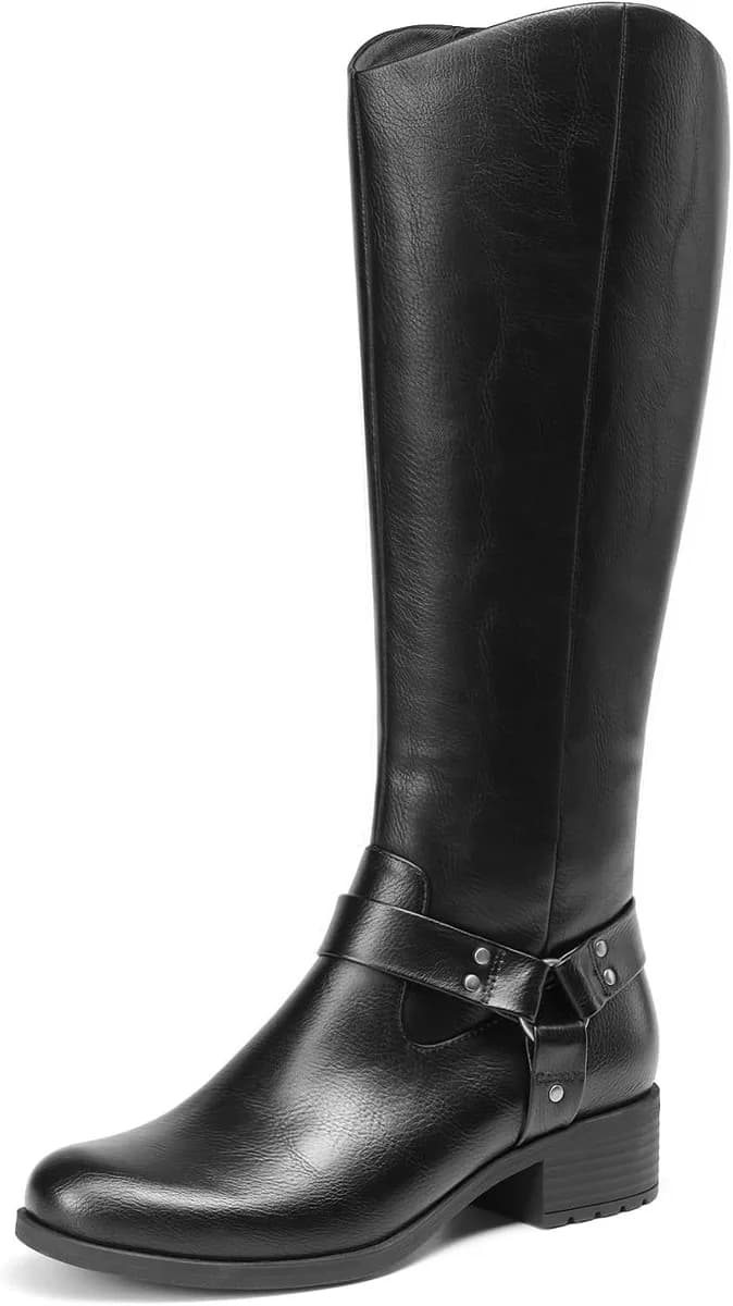 black knee high riding boots for women with O-ring harness strap and low chunky heel