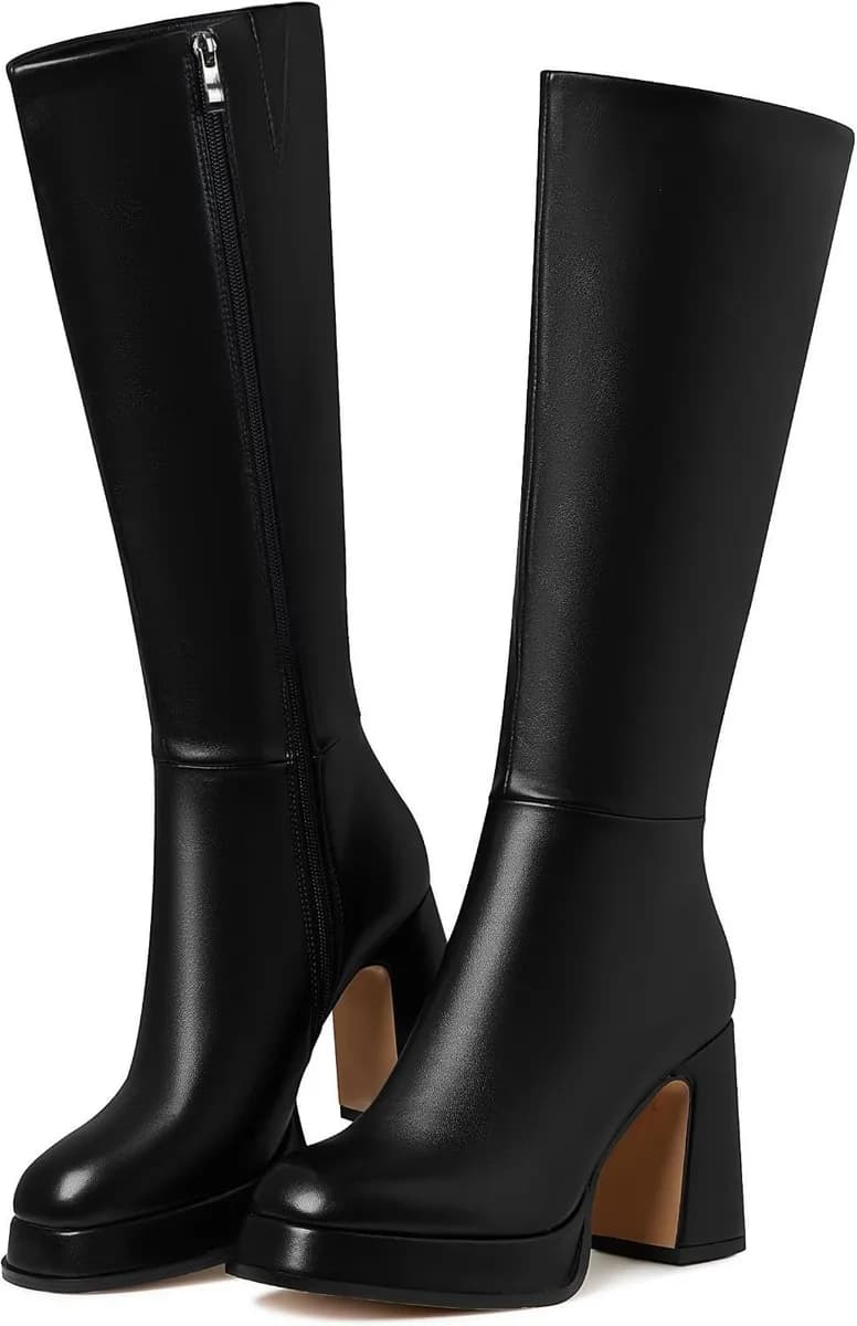 black faux leather platform knee high boots for women with chunky block heel and square toe