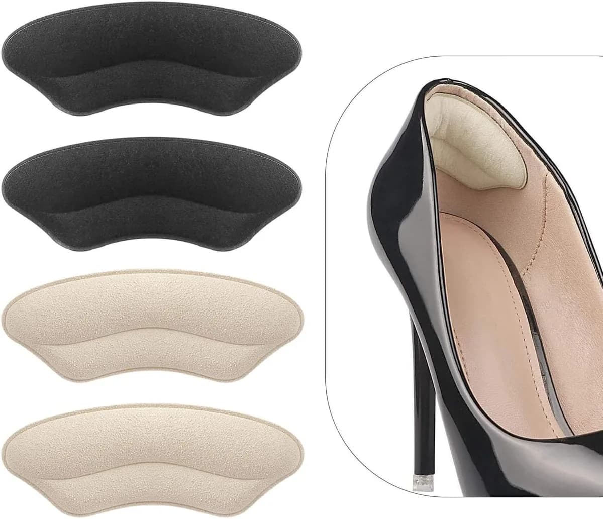 beige + black heel grips for loose shoes, 4 pairs, shown inside a high heel