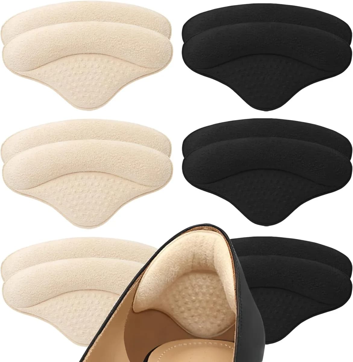 black and beige memory foam heel cushion pads, 6 pairs, with one inside a black pump