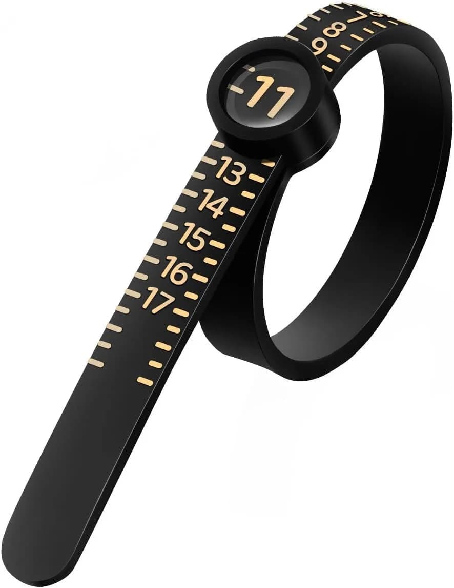 black ring sizer tool with magnifier lens showing US size 11