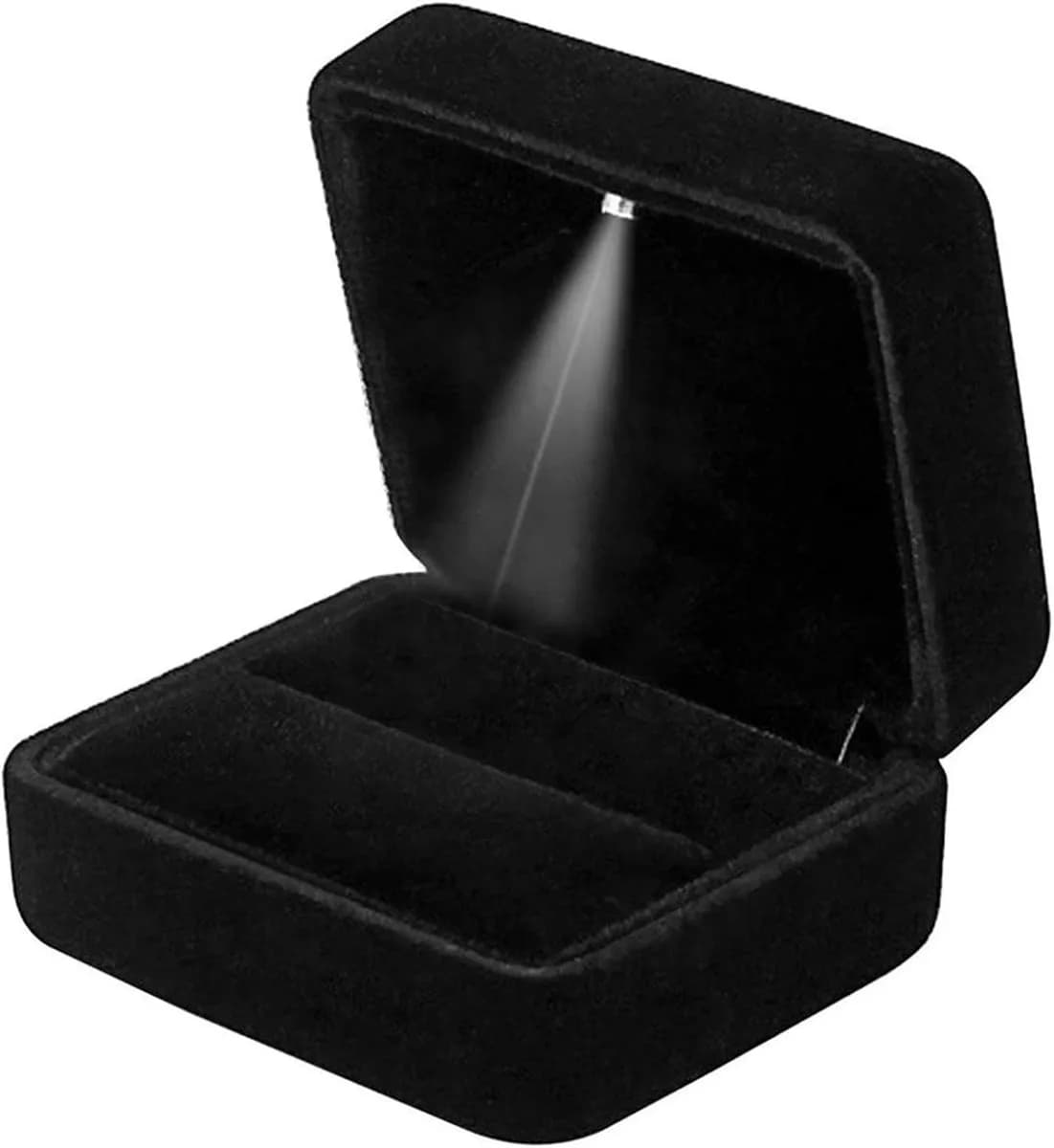 black velvet LED ring box open with the light on