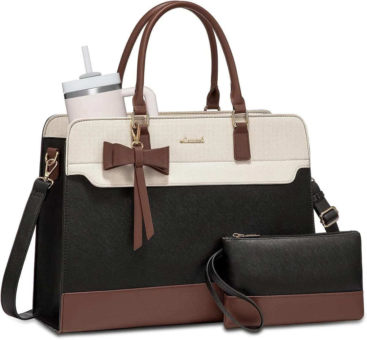 laptop tote bag for women in black, white and brown with bow and matching clutch