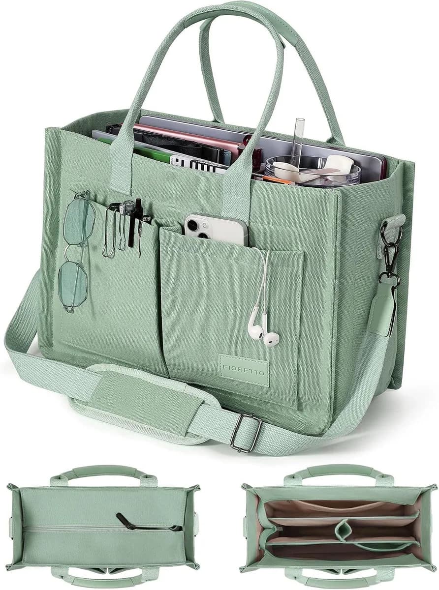 green canvas tote bag with zipper and compartments, shown packed and from above