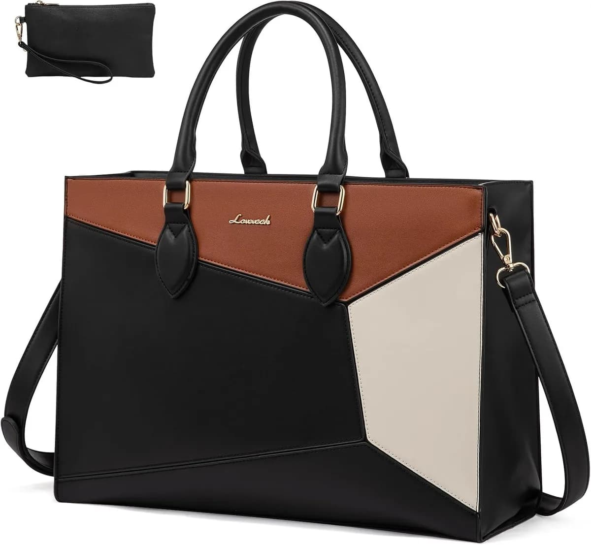 color block laptop tote bag in black, white and brown with matching clutch