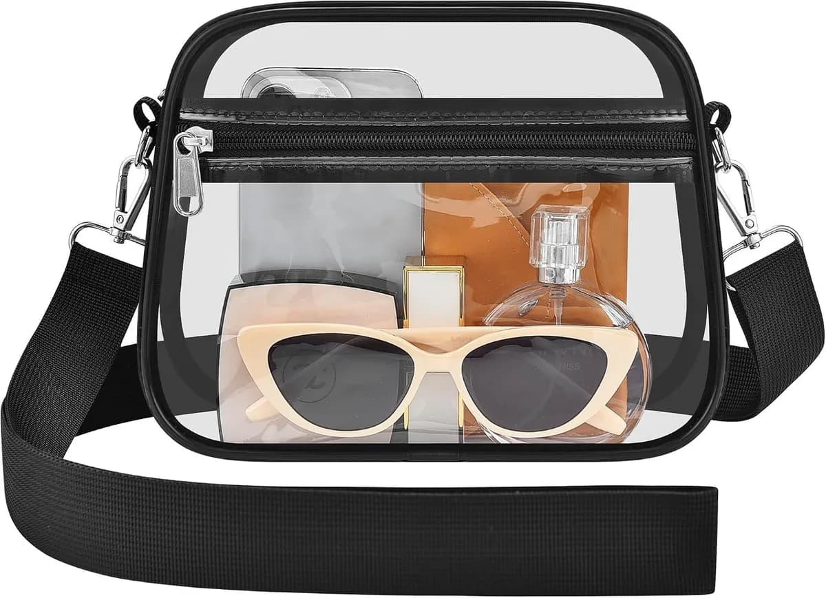 clear crossbody bag for stadium events with black trim and wide strap