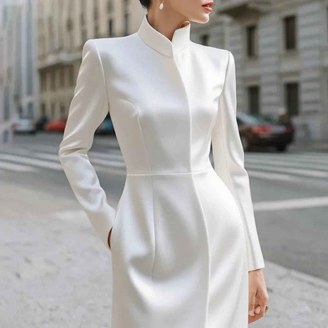 woman wearing a white stand collar midi dress with long sleeves on a city street