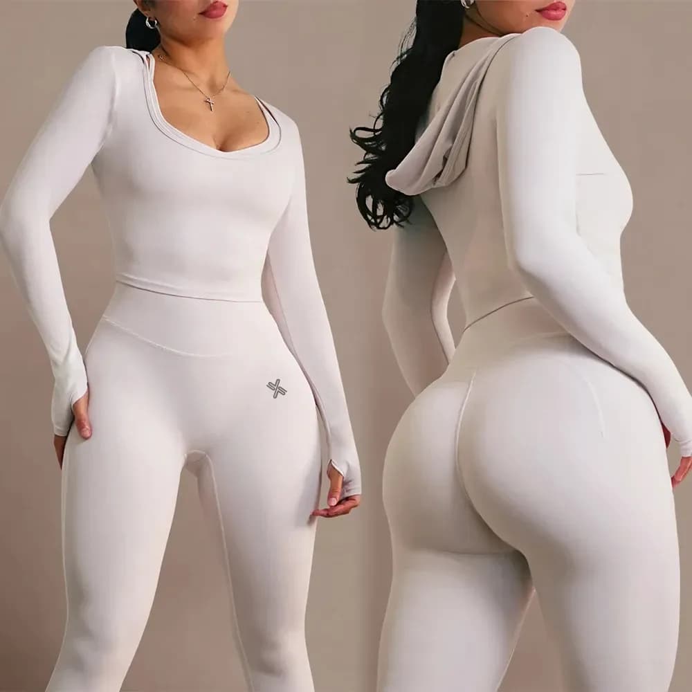 white hooded crop top and high waist leggings activewear set, front and back