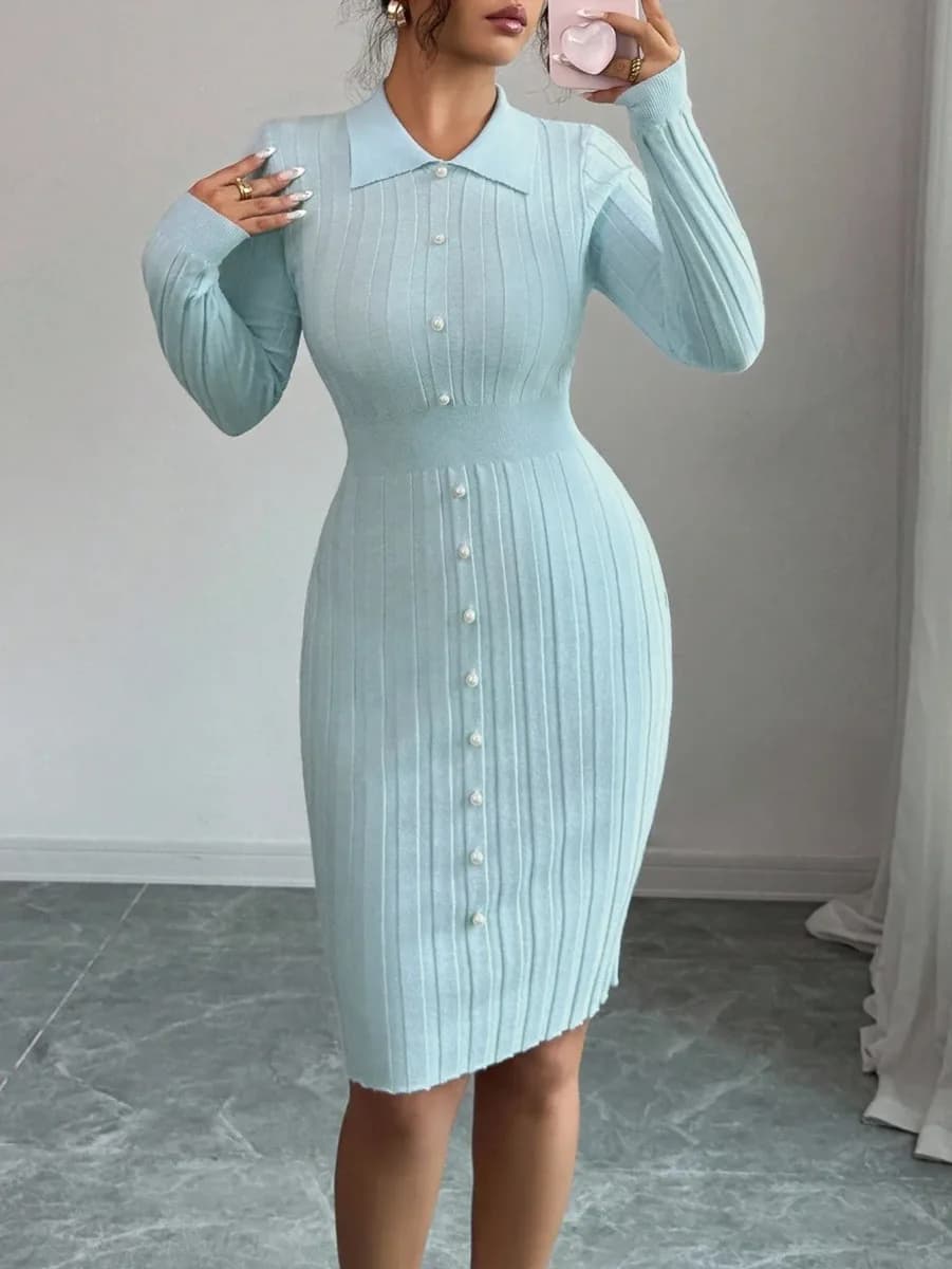 woman in a light blue ribbed knit midi dress with polo collar and pearl buttons