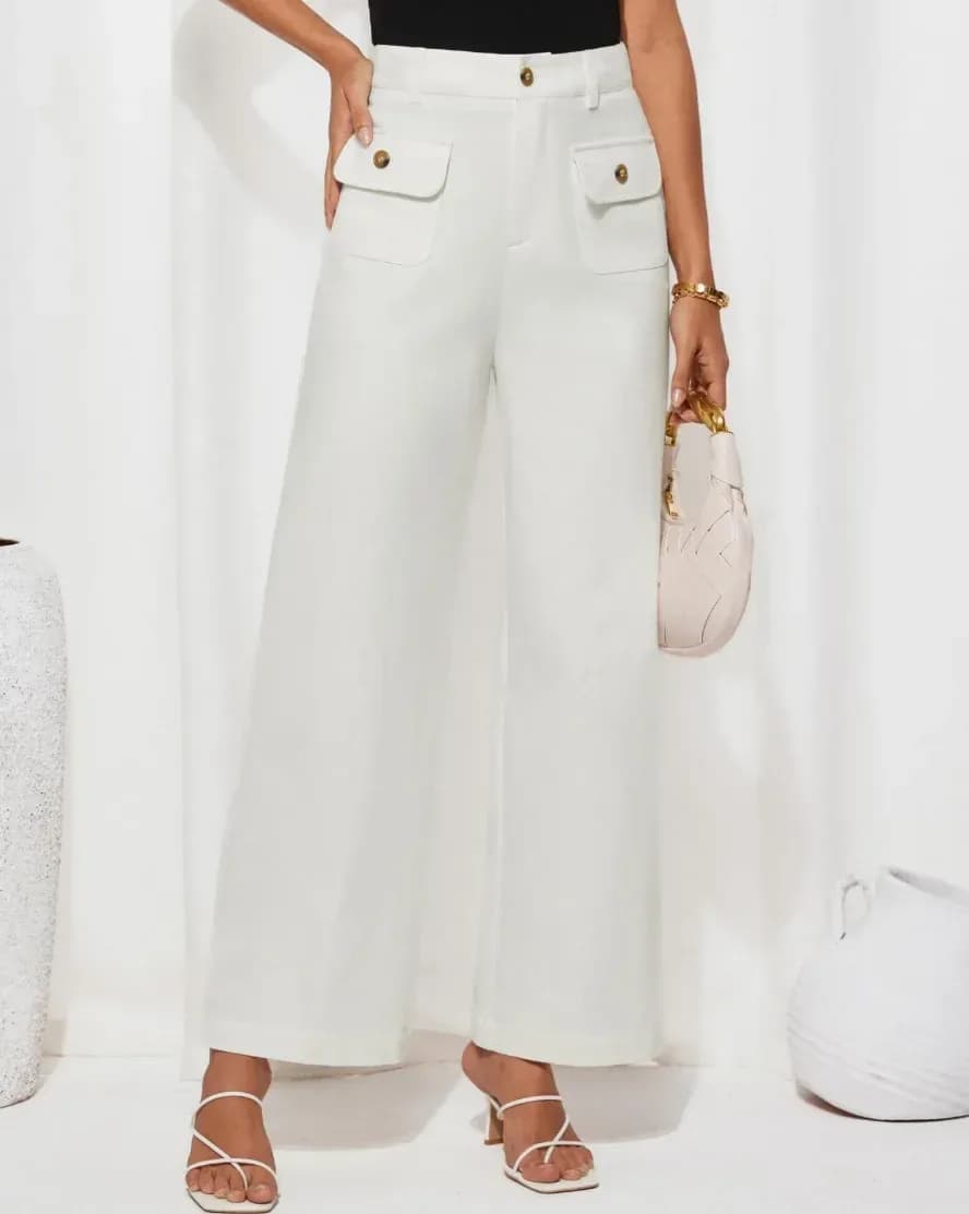 woman wearing white high waisted straight leg work pants with flap pockets