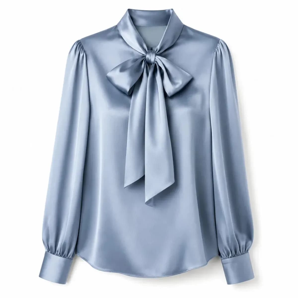 blue satin tie neck bow blouse with long sleeves